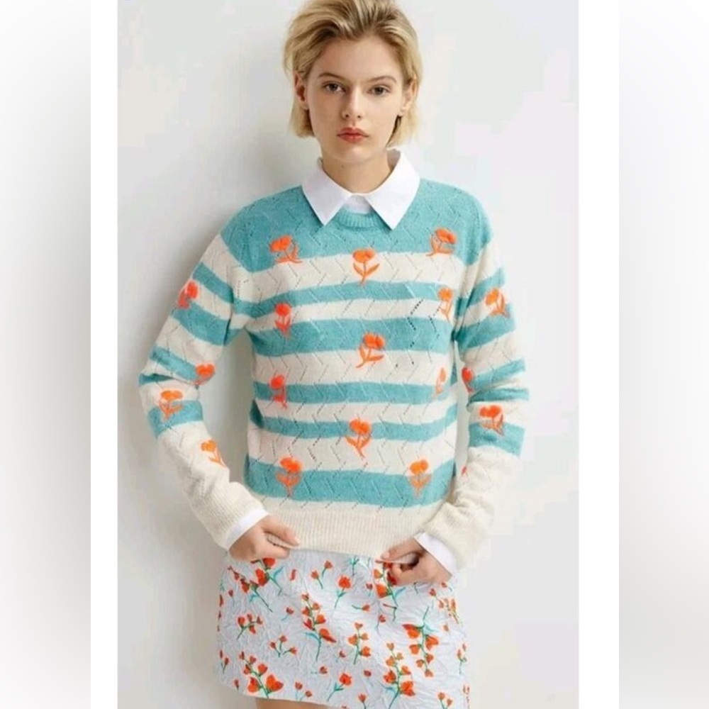 Essentiel Antwerp Floral Striped Sweater - Teal and Cream with Neon Pink NWT